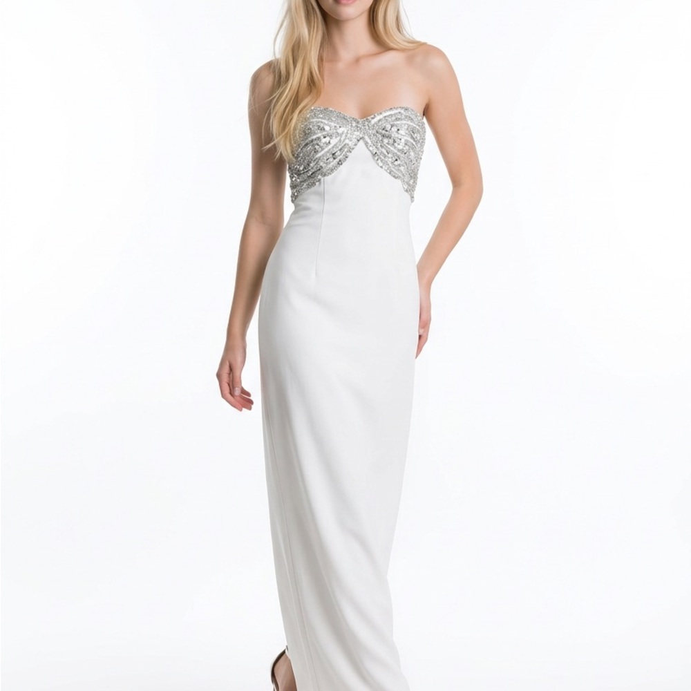 Chic Strapless White Dress with Silver Details